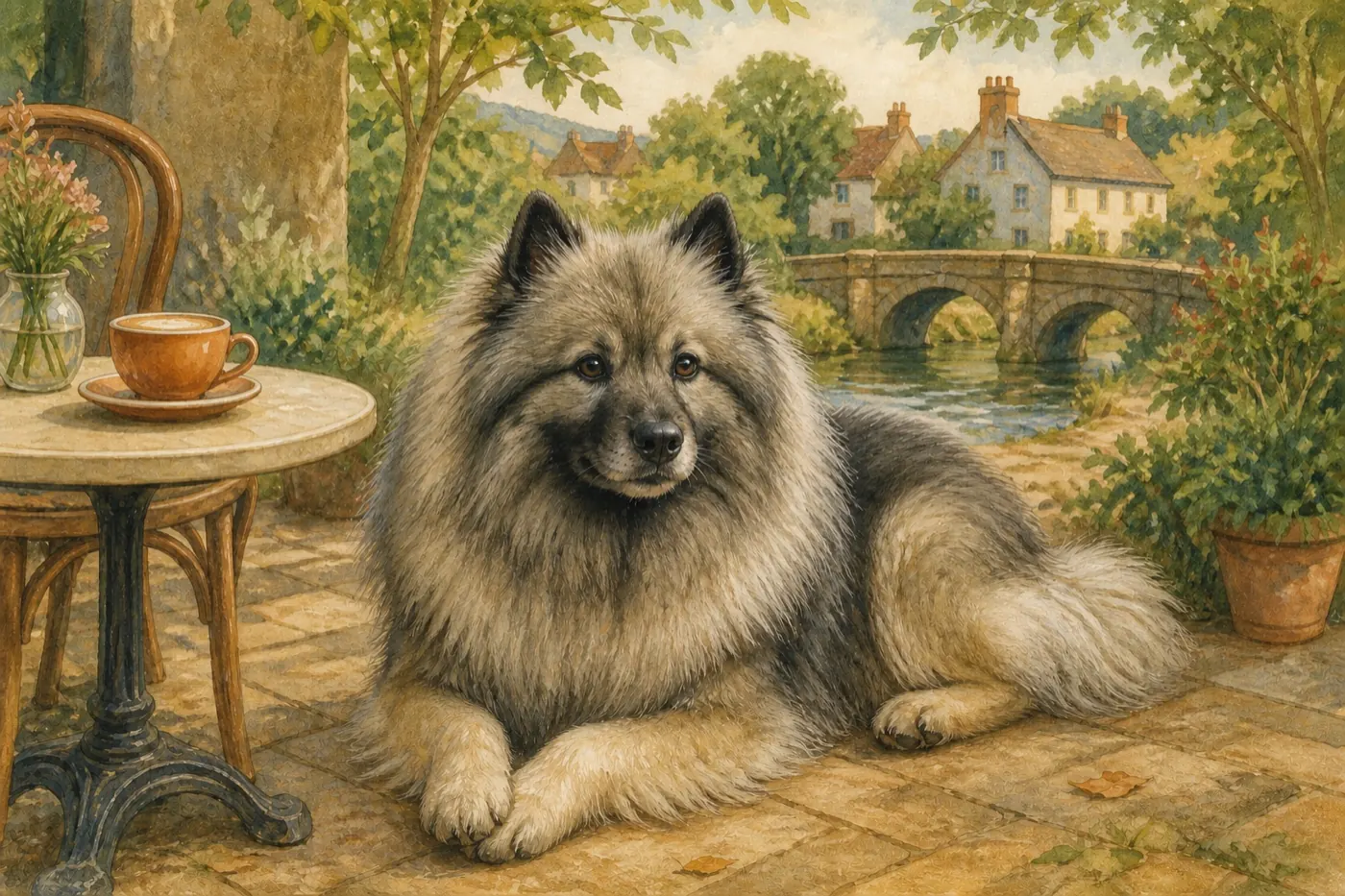 Watercolour illustration of a dog at a welcoming Shropshire café