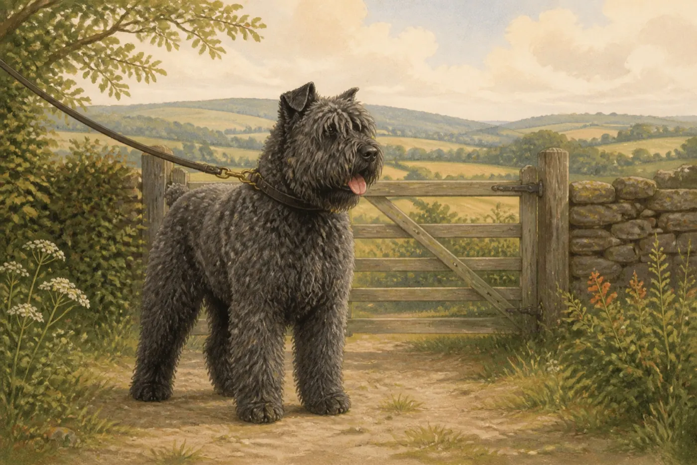 Watercolour illustration of a dog in the north Shropshire countryside