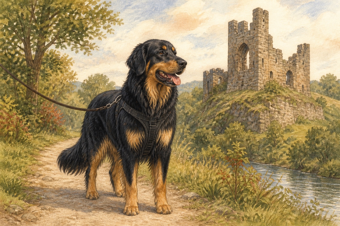 Watercolour illustration of a Hovawart in a Shropshire-inspired setting