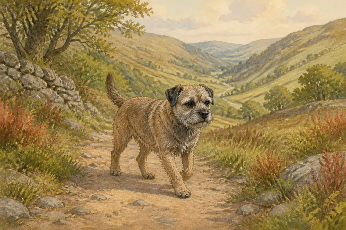 Watercolour illustration of a dog on a Shropshire countryside walk