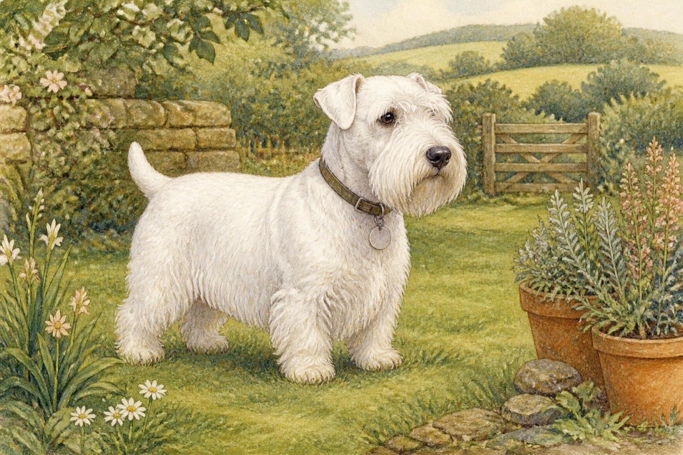 Watercolour illustration of a Sealyham Terrier in a Shropshire-inspired setting