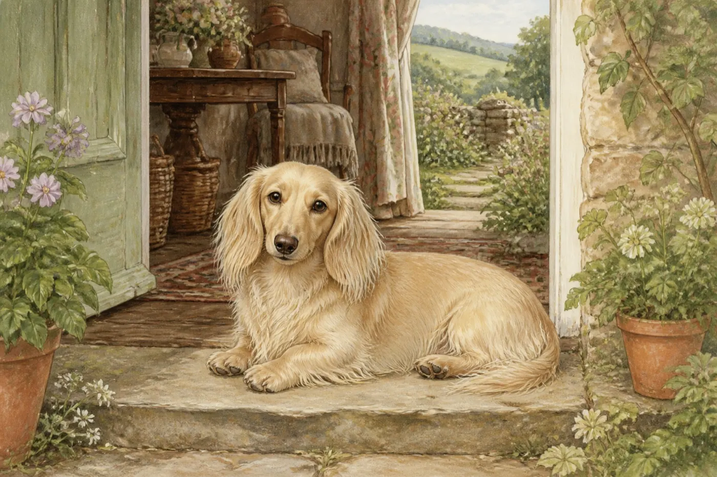 Watercolour illustration of a dog outside a Shropshire holiday stay