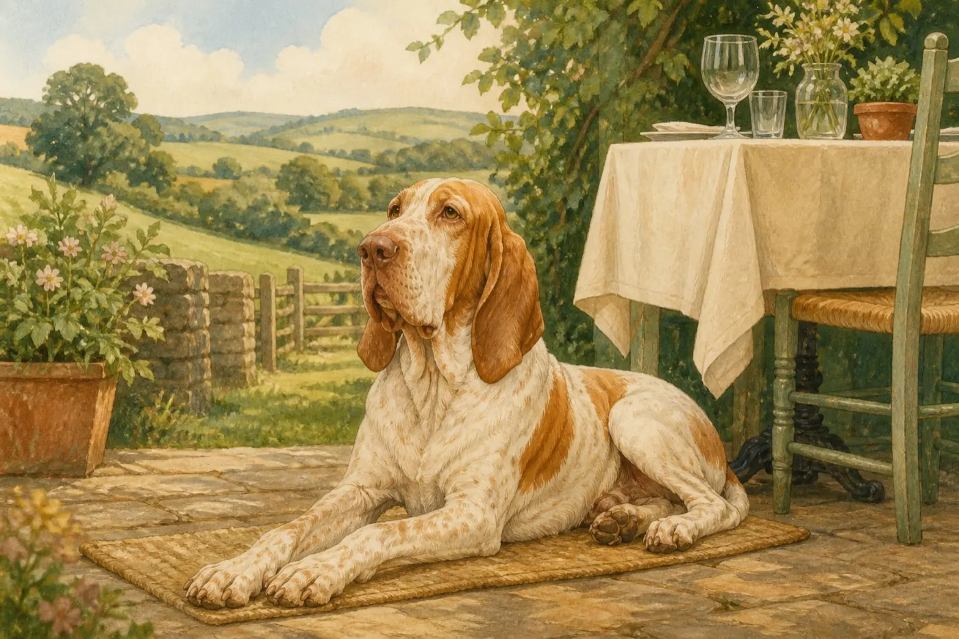 Watercolour illustration of a dog outside a Shropshire place to eat