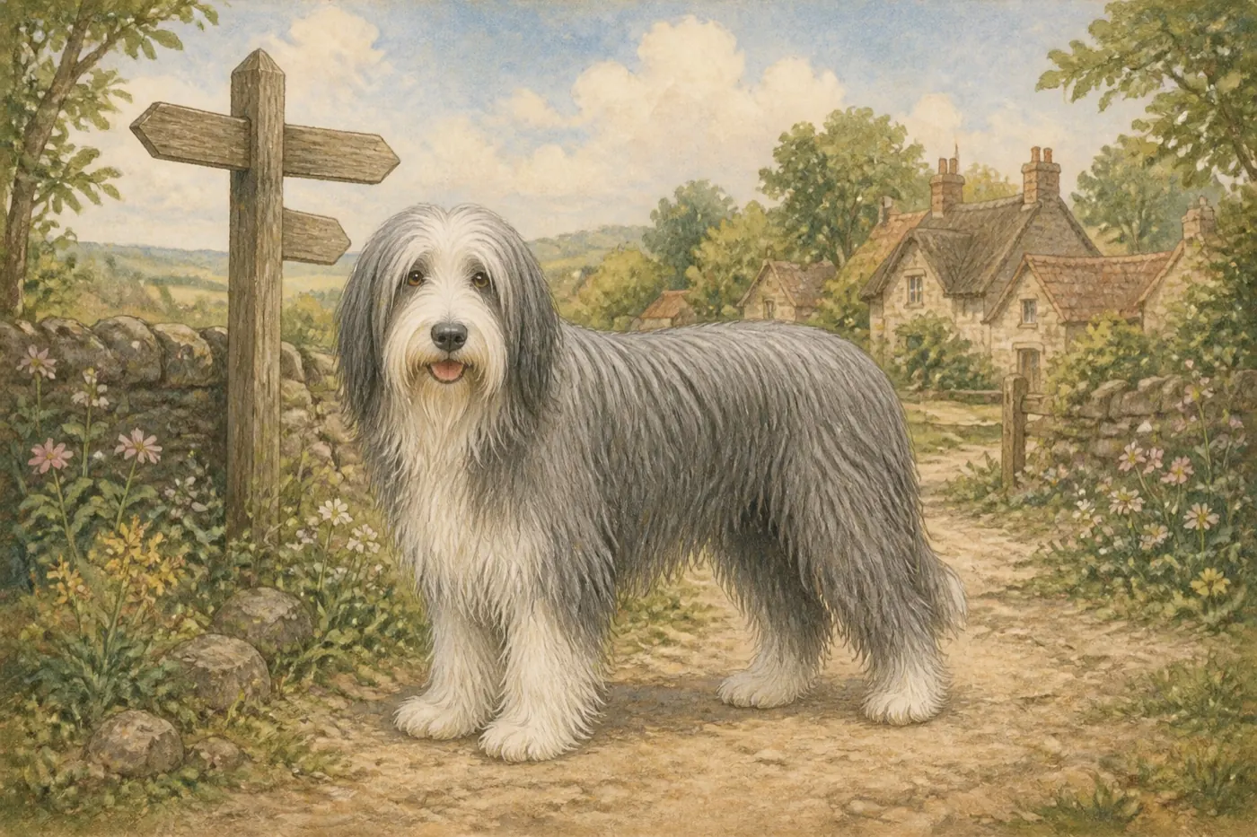 Watercolour illustration of a dog exploring western Shropshire