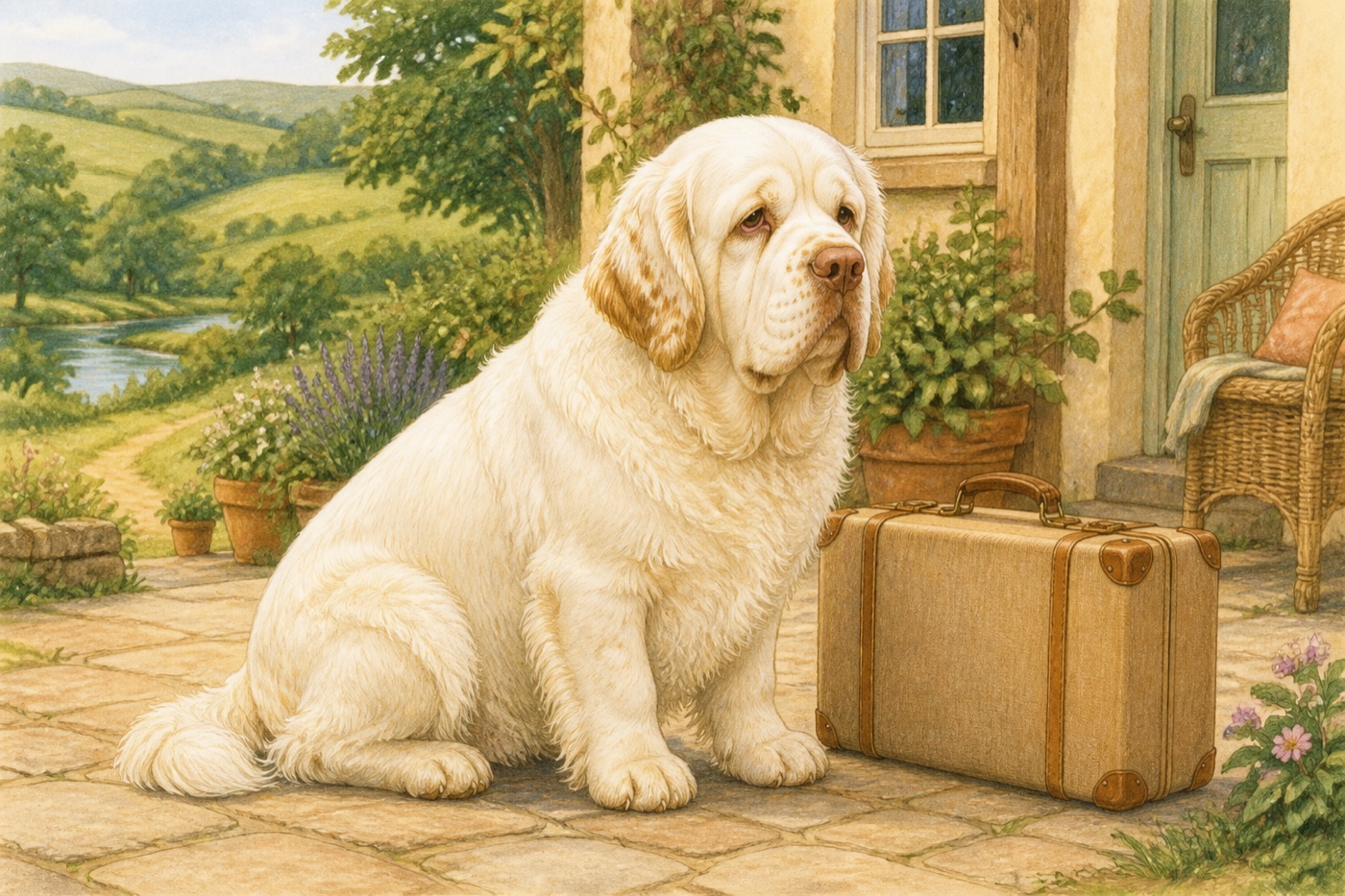 Watercolour illustration of a Clumber Spaniel in a Shropshire-inspired setting