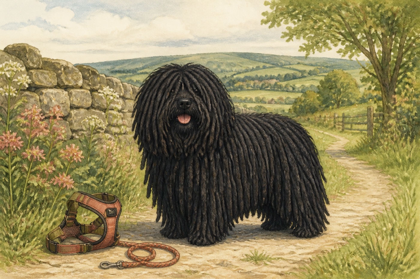 Watercolour illustration of a Puli in a Shropshire-inspired setting