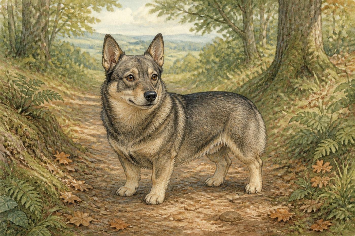 Illustration of a Swedish Vallhund on a woodland trail