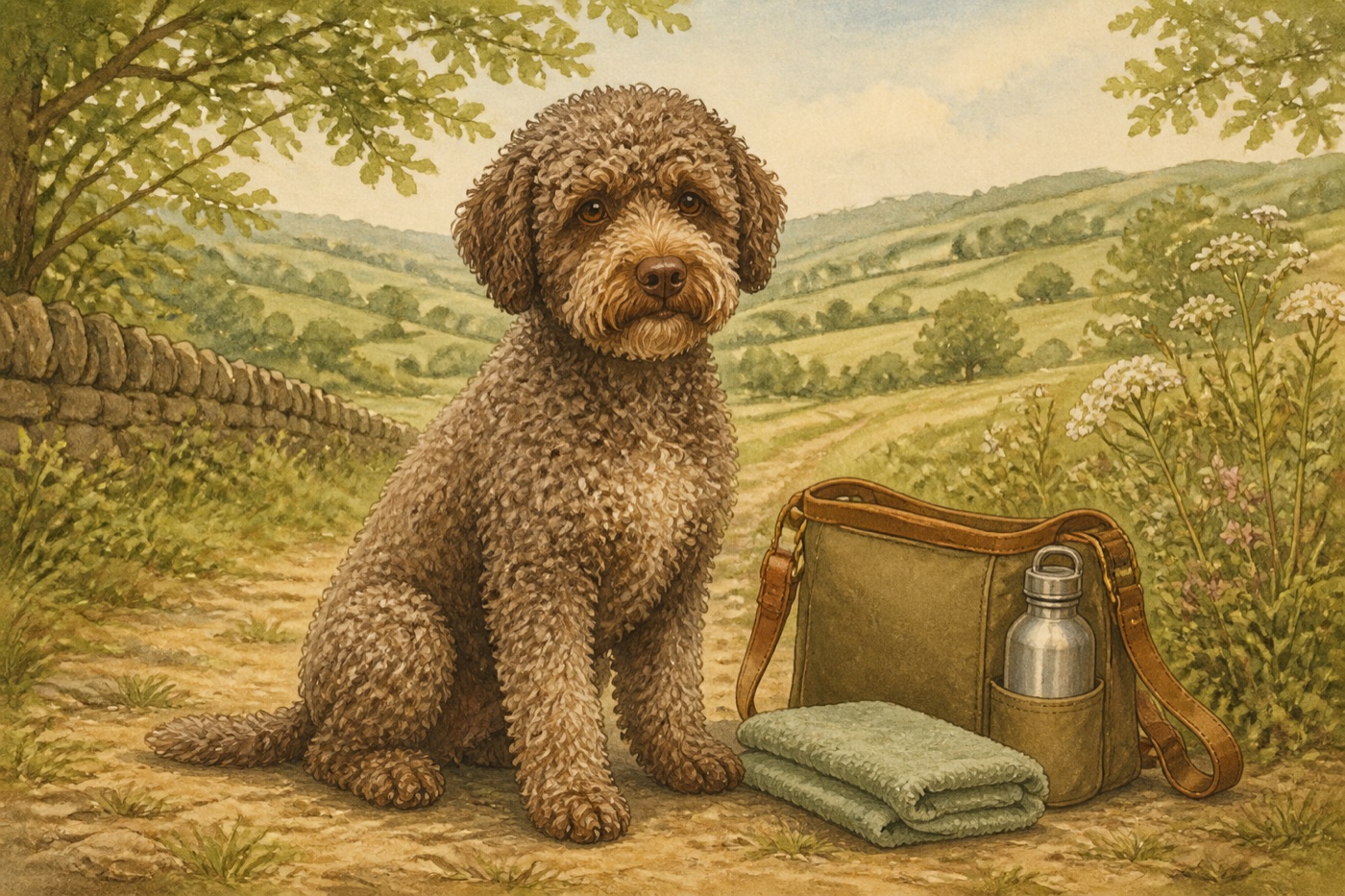 Watercolour illustration of a Lagotto Romagnolo in a Shropshire-inspired setting