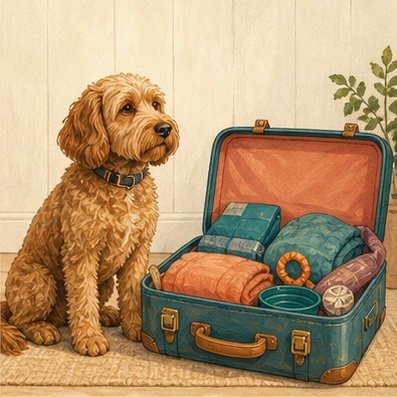 A dog beside a packed suitcase